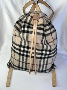 Burberry Check Lana Cuero Borde Cordón Mochila Cartera Bolso de Ciudad Talla Mediana - Imagen 1 de 24