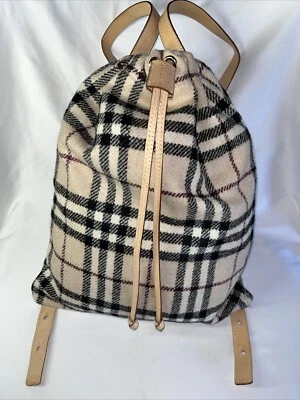 Burberry Check Wool Leather Trim Drawstring Backpack Purse City Bag Size Medium - Image 1 of 4