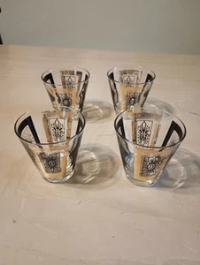 Vintage Mid Century Modern Shot Glasses (4) Art Deco Black Gold Ornamental  - Picture 1 of 15