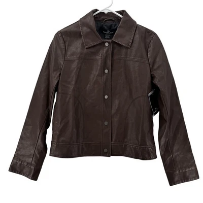 Andrew Marc New York Jacket Womens Small Brown Faux Leather Snap Front MNX44951 - Imagem 1 de 4
