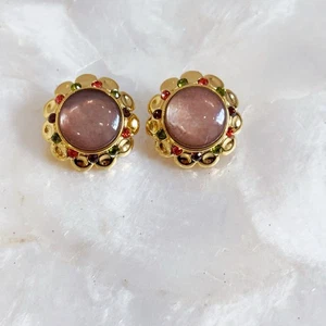 Vtg Joan Rivers Gold Tone Simulated Brown MOP Crystal Round Earrings Pierced - Picture 1 of 19