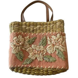 Vintage y2k Woven Straw Rattan Purse Floral Leather Handles by Q&A - Picture 1 of 7