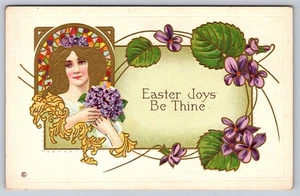 Art Nouveau Gilded Lady Holding Flowers Stain Glass Windows Easter Postcard - Picture 1 of 2