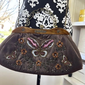 Retro Hand Beaded satin butterfly Purse American Vintage Bag Art Deco Boho Brown - Picture 1 of 6