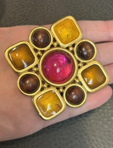 Vintage Monet Gripoix Stil Cabochons goldfarben Brosche Anhänger rosa gelb braun - Bild 1 von 8