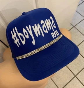 Trucker Hat Womens Blue Rhinestones Bling Snapback Cap Adjustable BOY MAMA - Picture 1 of 6