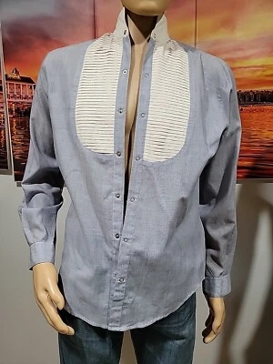 Sasson Paris Vintage Mens 80's Blue White Snap Button Long Sleeve Sz S Shirt #C - Image 1 of 4