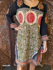 Boho Gypsy Hippy Green Black Floral Printed Tunic Cotton Ethnic Kurti Dresses M 
