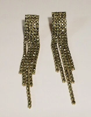  金色流苏条纹水钻声明耳环宝石深蓝色 3 英寸 — 第 1/4 张图片