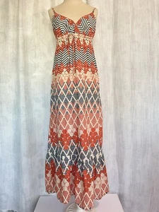 Heritage 1981 Maxi Dress in Navy Orange Size Medium Polka Dot Print Ruffled Hem - Picture 1 of 11