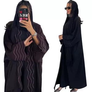 Dubai Women Muslim Open Cardigan Kimono Abaya Robe Long Robes w/ Scarf Dresses - Foto 1 di 42