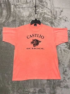 Vintage 80s Screen Stars BEST Castlio School Panther T-Shirt Coral Pink XL USA - Bild 1 von 8