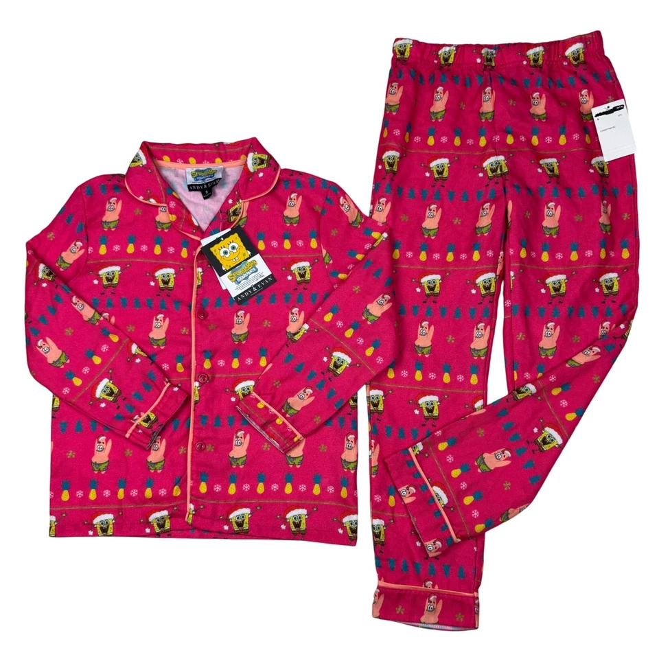 Conjunto de pijama infantil Andy & Evan Bob Esponja calça quadrada tamanho 8 rosa Natal aconchegante - Imagem 1 de 4