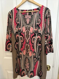 Alfani Shift Dress Keyhole Neckline 3/4 Sleeve Brown Coral Pink Black Large* - Picture 1 of 6