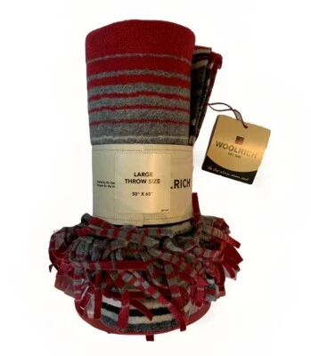 Woolrich Throw Blanket Thick Fleece Large 50x68 Oversized Red Gray Stripe Fringe - Image 1 of 4