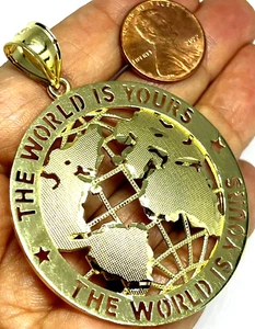 GoLD WoRlD Is YoUrS planet earth globe map pendant 10k necklace solid 2.60" - Picture 1 of 12