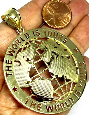 GoLD WoRlD Is YoUrS planet earth globe map pendant 10k necklace solid 2.60" - Image 1 of 4