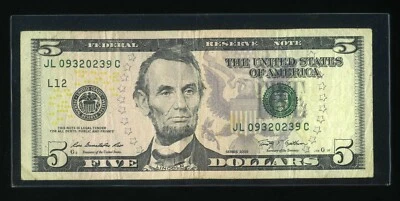 DBR 2009 $5 FRN San Francisco mini-RADAR Fr. 1994-L VF pinholes Ser JL09320239C - Image 1 of 2