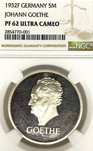 Germany, Weimar Republic, 1932 F, 5 Mark, GOETHE, Thaler, NGC PF 62 UCAMEO, RARE - Picture 1 of 3