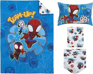 Spidey Toddler Cot Bed 4pc Comforter Quilt Sheet Set Boys Spiderman Blue - Picture 1 of 8