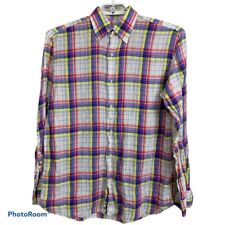 Giampaolo Italy Men's L Linen Plaid Blue Red Yellow Long Sleeve Button Up Shirt