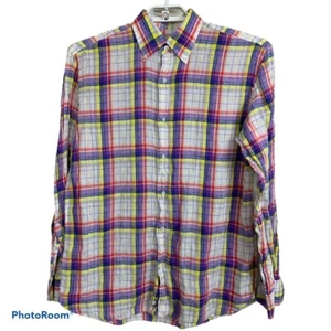 Camisa con botones Giampaolo Italia para hombre L de lino a cuadros azul rojo amarillo manga larga - Imagen 1 de 3