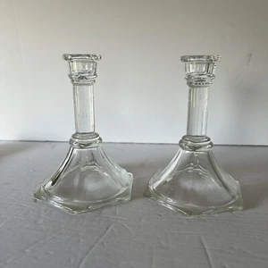 Vintage Homco Clear Glass 6” Candlestick Holders Pedastal Set Of 2 - Picture 1 of 10