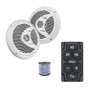 Pyle Marine Bluetooth Controller, 2x 6.5" 150W Waterproof Speakers (White),Wire - Picture 1 of 5