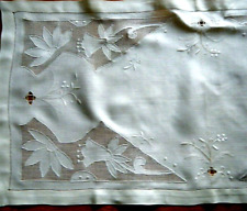 Antique table toper drawn lace Punto Quatro, w embroidery  floral designs. 