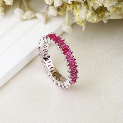 Rosso Zircone Cubico Eternità Completo Fede Nuziale Artigianale Solido Argento - Immagine 1 di 4