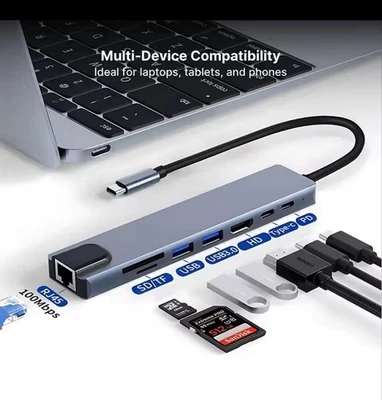 USB-C Hub 8-IN-1 Adapter 4K HDMI USB 3.0 LAN RJ45 Ethernet Micro SD Kartenleser - Bild 1 von 3