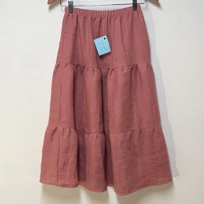 Skirt 100% Linen Girls L 10/12 Maxi Pink Ruffle Tier Bohemian Mom and Pop's Kids - Image 1 of 4
