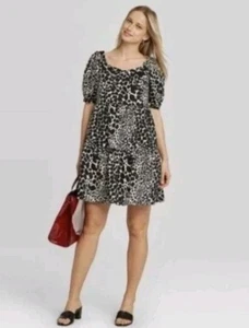 Who What Wear Dress Womens XXL Black Cream Print Puff Sleeves V Neck Flowy - Picture 1 of 9