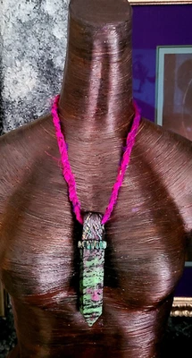 Sculpted Ruby Zoisite Obelisk Pendant with Distressed Braided Sari Silk Cord - Image 1 of 4
