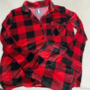 Joyspun Pajama Set Women M(8-10) Black Red Plaid Velour Cozy Winter Leisure - Picture 1 of 20