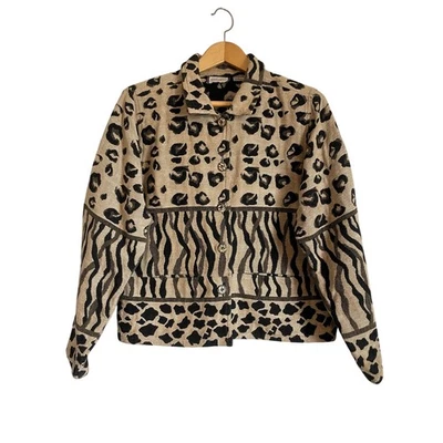 New Identity vintage tapestry jacket leopard tan black buttons collar pockets L - Image 1 of 4