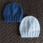 Two Hand Knitted Boys Baby Beanie Hats 0-3 Months.