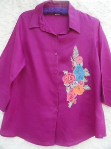 Nygard Blouse Misses 14 100% Linen Purple Blue Red Green Embroidered MINT - Picture 1 of 8