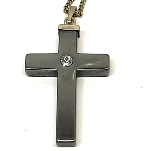 Schwarz 1 1/2" Kreuz Anhänger mit klarem Strass Halskette 17" goldfarbene Kette - Bild 1 von 3