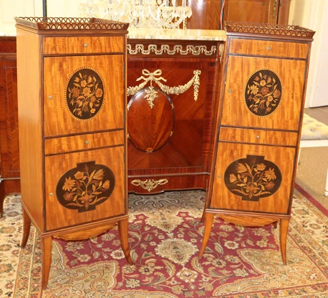 Superb Elaborately Inlaid Plum Pudding Mahogany Side Lingerie Tall Cabinets 1890 Cover