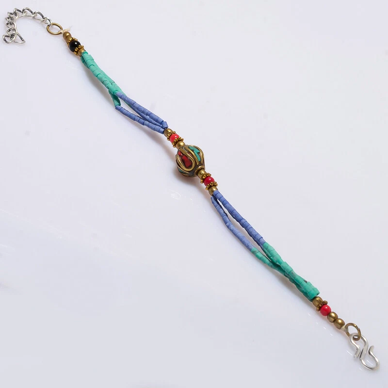 BLUE LAPIS, CORAL & TURQUOISE  GEMSTONE TIBBITAN SILVER BRACELET 7-8" - Image 1 of 1