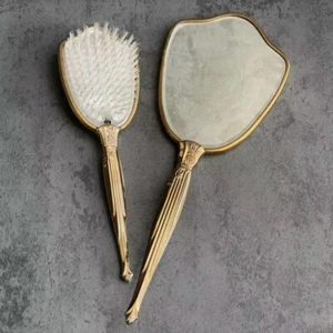 Vintage 2-teiliges MCM Waschtischset abgeschrägter Spiegel & Bürste Gold Messing Nylon Hergestellt in den USA - Bild 1 von 12