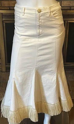 Johanna Ortiz Farol Ecru Stretch Denim Raffia Fringe Midi Skirt Size 4 - Image 1 of 4