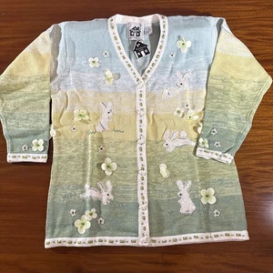 Vintage Storybook Knits Sweater Medium Spring Easter Bunny Flower Embroidery NWT - Picture 1 of 10