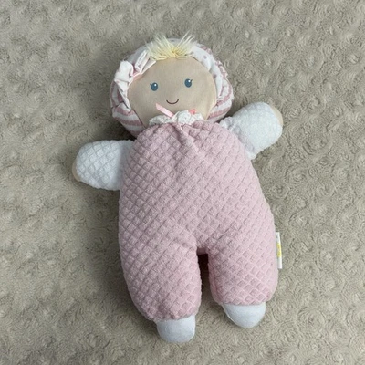 Muñeca bebé Eden rosa blanco peluche juguete rayas hilo amarillo pelo ojos azules Foto 1 de 4