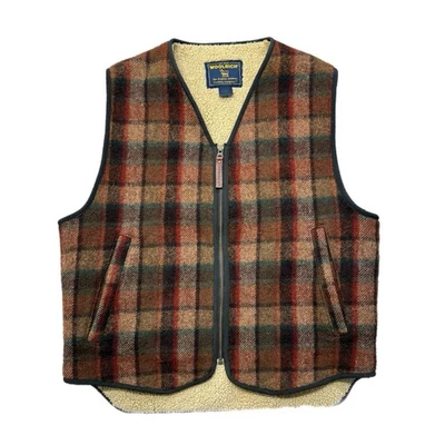 Antigo Colete de Lã Forrado Woolrich Sherpa Masculino M Bolsos Xadrez Caça Feito nos EUA - Imagem 1 de 4