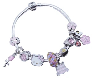 STERLING SILVER BRACELET WITH PINK KITTY BEST FRIEND CAT LOVERS EUROPEAN CHARMS! - Picture 1 of 5