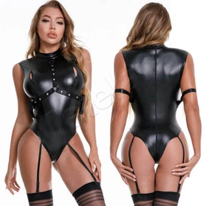Women's Wet look Lingerie Leather Romper Garter Stockings Bodysuit Teddy Leotard - Picture 1 of 7