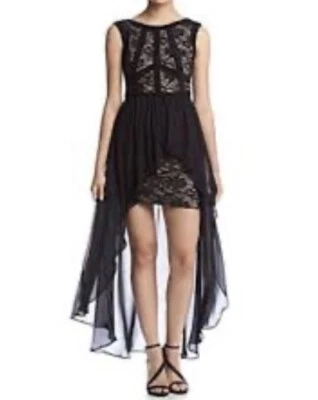 Morgan & Co Jr 7 Mini Dress Black Gold Lace Overlay Sleeveless Whimsigoth Emo - Image 1 of 4