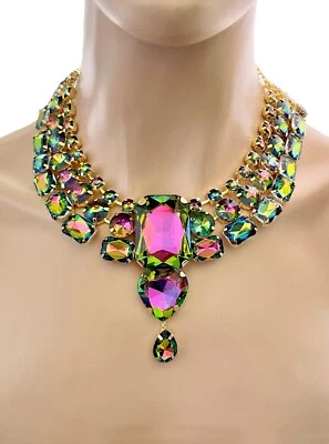 Iridescent Vitrail Green Crystal Luxurious Statement Evening Necklace Set - Image 1 of 4